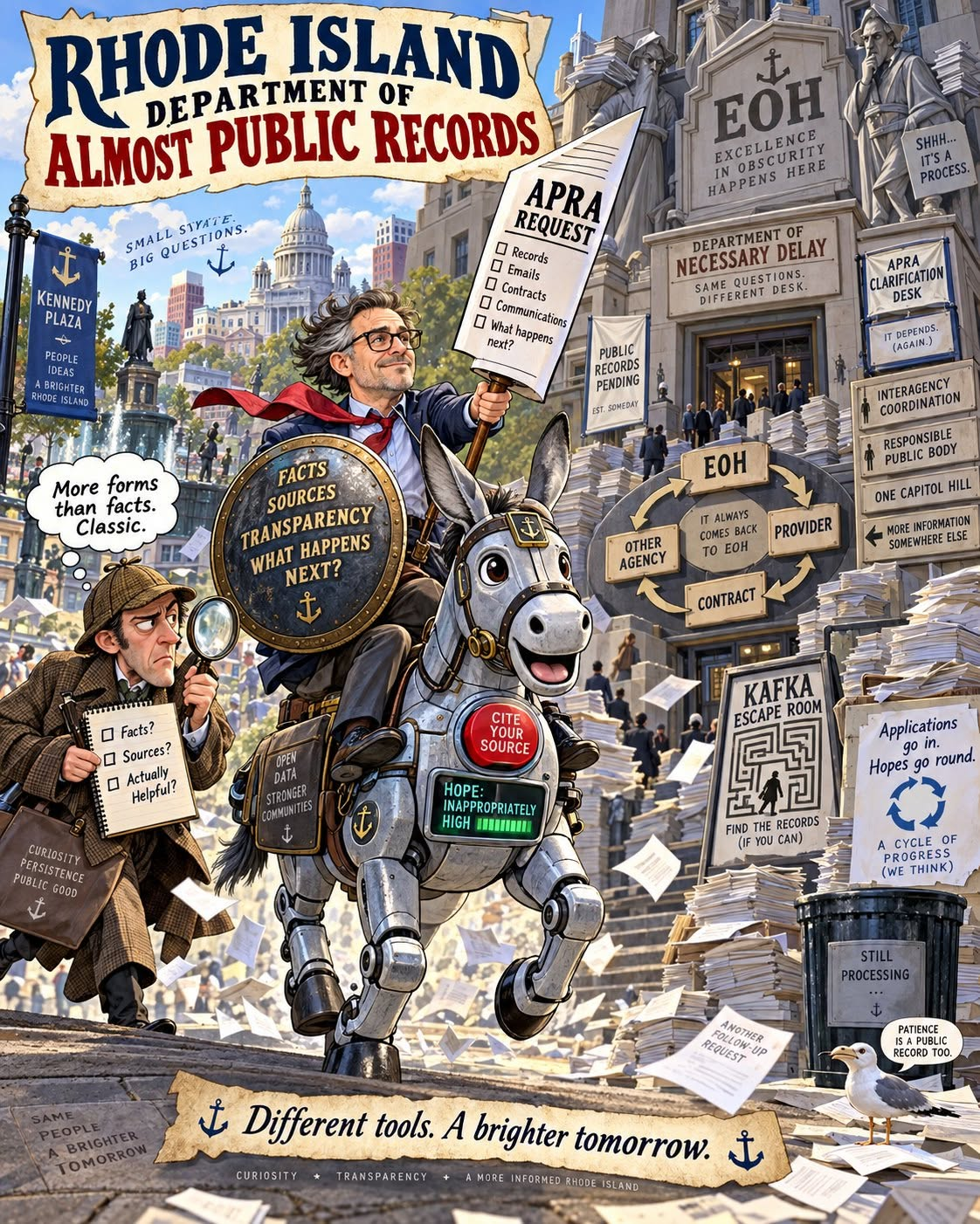 Satirical Rhode Island illustration: a rider on a mechanical donkey and a detective navigate a fictional Department of Almost Public Records, APRA-request signs, paperwork and an EOH sign reading Excellence in Obscurity Happens Here.