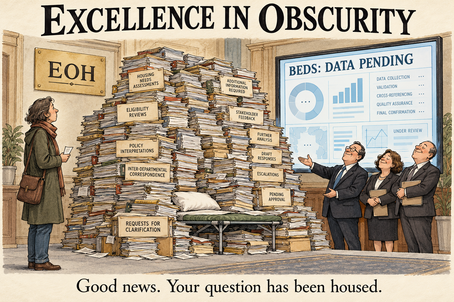 Satirical illustration of a citizen facing a mountain of paperwork around an empty shelter bed.