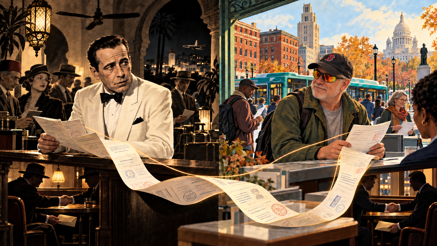 Bogart in Casablanca faces Peter as a Providence resident seeking help, linked by a ribbon of paperwork, with fictional backroom deals mirrored below.