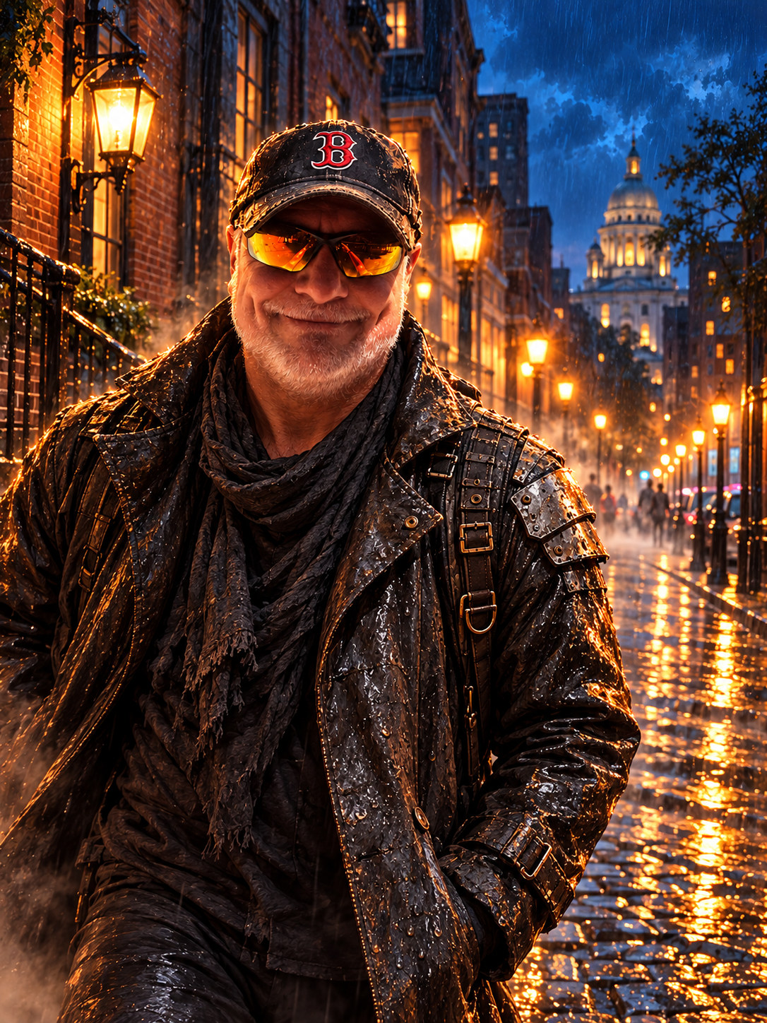 AI-created illustration based on Peter’s photo: Peter wears a dark jacket, cap and orange sunglasses on a rainy Providence street at night.